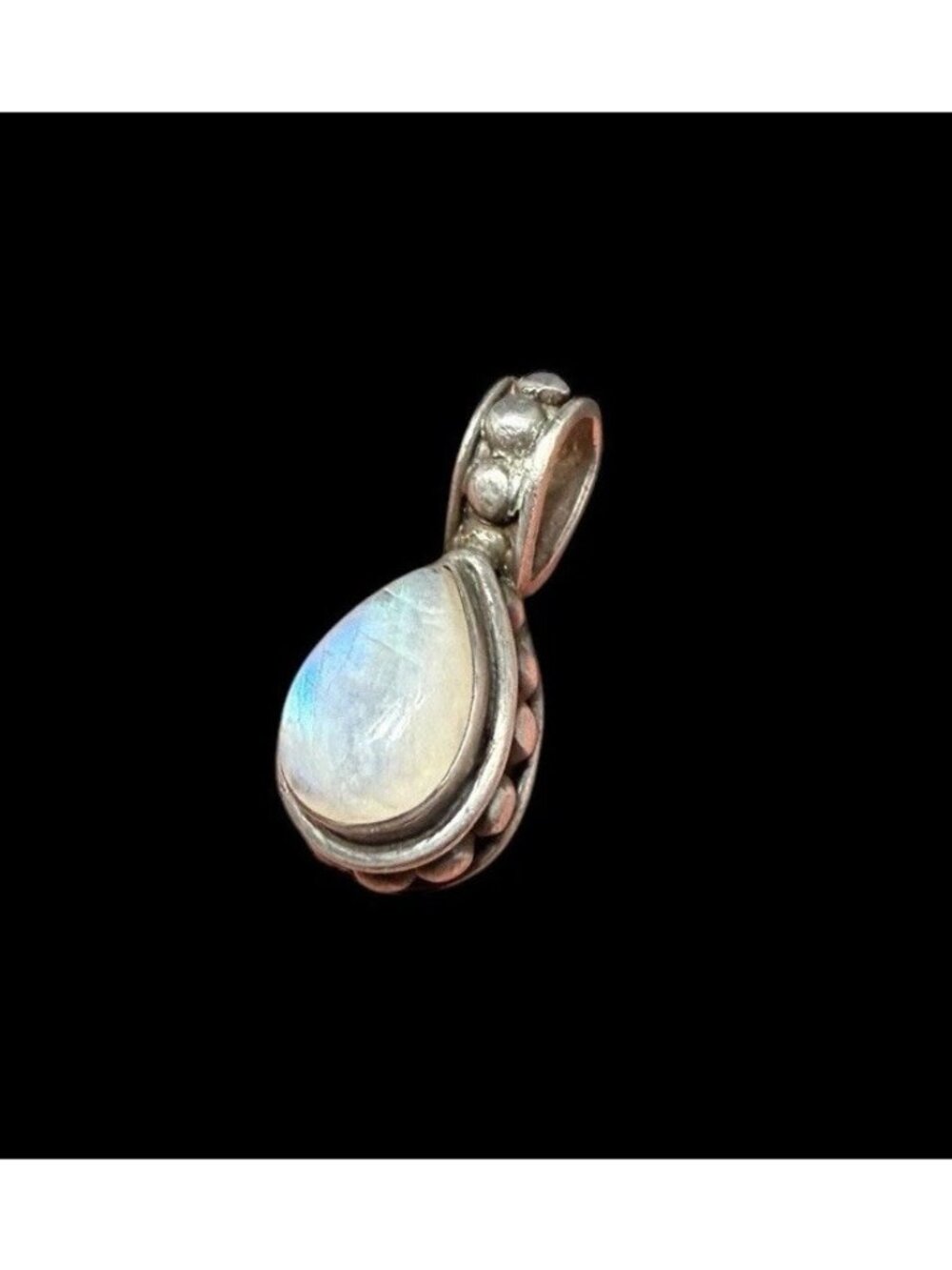 Vintage Sterling Silver Moonstone Teardrop Pendant Bali Style Pebbled